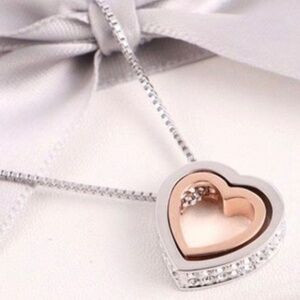 New Women’s Double Heart Pendant Necklace Swarovski Crystals Gold Rose Gold 18”L